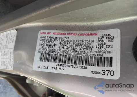 2002 Mitsubishi Montero Sport Es/Ls from USA, damaged, VIN JA4MT21H72J065038